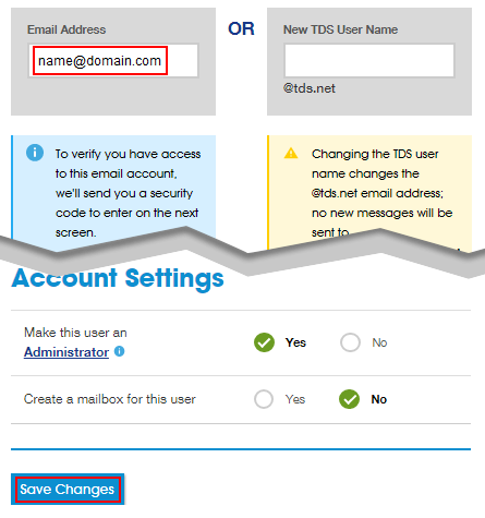 Email address field, the word Or, New TDS user Name field. Account Settings options below and Save Changes button.