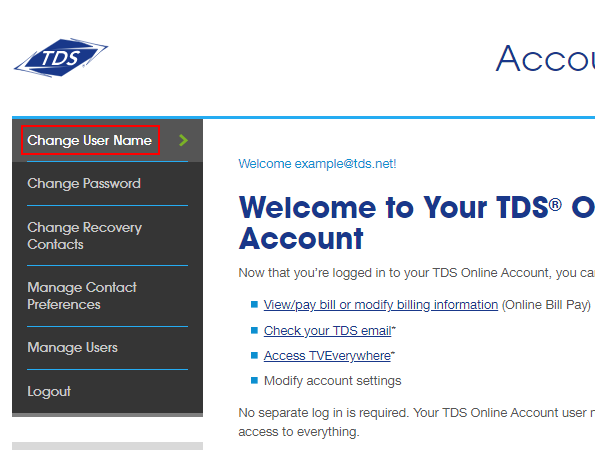 TDS Online Account. Manage Account menu on left. Change User Name option highlighted.