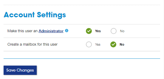 Account settings screen. Yes and No options next to Make this user an Administrator. Yes option is checked.