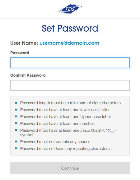 Fields for Password and Confirm Password. Continue button.