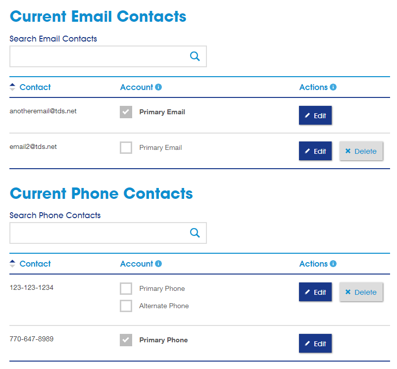 Current email and phone contacts Screenshot